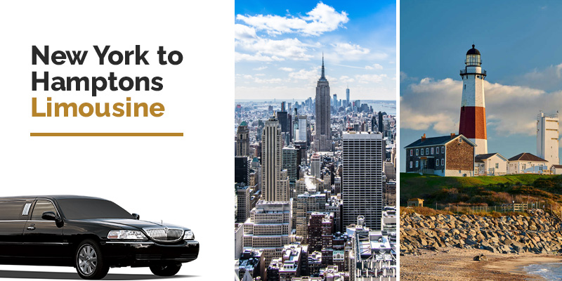 A collage showing NYC limo along with the images of New York city & Hampton's seaside and watch tower - depicting the route of NYC to Hamptons limo