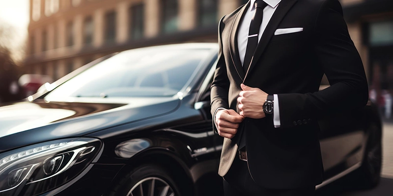 Suited chauffeur standing beside a luxurious car, representing NYC United Limo's commitment to outstanding performance, luxury, and client convenience.