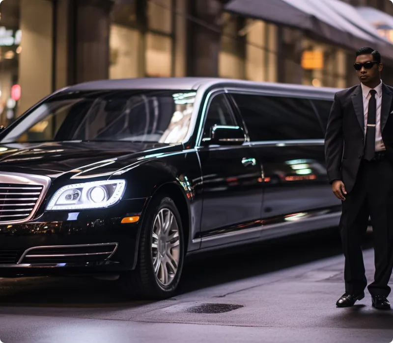 A uniformed on-duty chauffeur standing beside a parked premium black limo