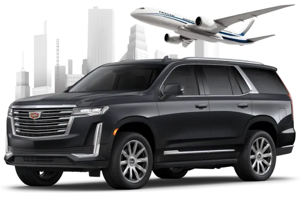 A luxury black car of NYC United limo service with an animated background of Long Island airport