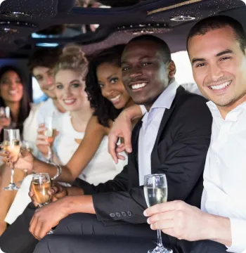 An image of a premium black limo with an animated background with people dancing at a party