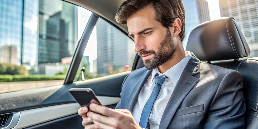 A suited businessman is sitting in the backseat of a premium vehicle, working on his cell phone. The city skyline is reflecting in the car window, depicting a professional and comfortable corporate travel experience. A suited businessman is sitting in the backseat of a premium vehicle, working on his cell phone. The city skyline is reflecting in the car window, depicting a professional and comfortable corporate travel experience.