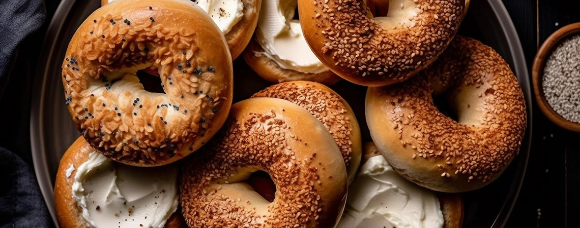 A close-up of freshly baked bagels topped with sesame seeds and cream cheese, arranged on a dark surface