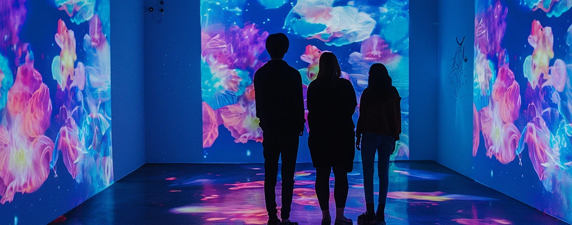 Three silhouetted figures stand in a vibrant, colorful immersive exhibit with abstract digital art on the walls and floor