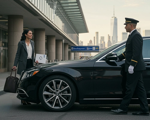A sleek black car parked outside LaGuardia Airport (LGA) with a Manhattan skyline in the background. A professional chauffeur in a uniform assists a passenger with luggage.