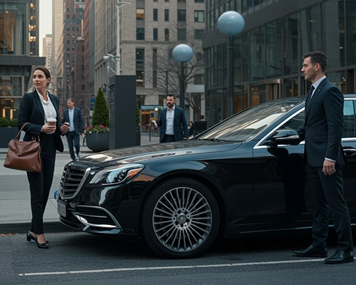 A sleek black luxury car parked on a city street, with two well-dressed individuals standing nearby, one holding a coffee cup and a designer bag. The background shows a modern urban setting with tall buildings and pedestrians.