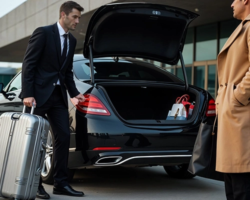 A professional chauffeur in a black suit assists a traveler with luggage near a luxury black car outside an airport terminal, promoting a premium JFK to Long Island car service for a stress-free ride.
