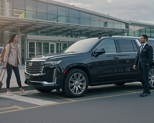 Philadelphia to Newark Airport Car Service chauffeur greeting a passenger beside a sleek black SUV at an airport terminal, luggage in hand and ready for a premium 90-mile ride.