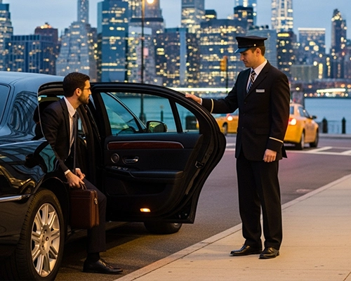 Professional chauffeur assisting a business traveler into a luxury black car with the New York City skyline in the background, showcasing premium car service from New York to Jersey City