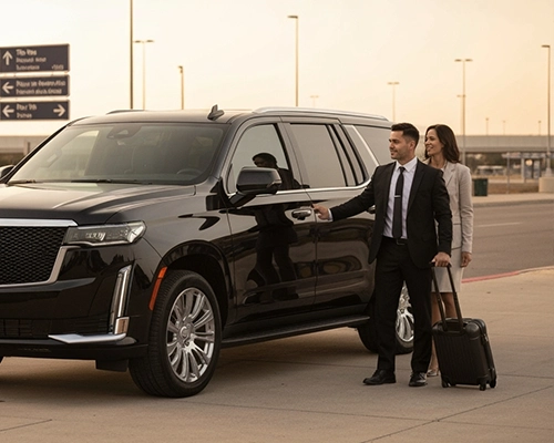 Chauffeur assisting a client with luggage at premium black SUV for New York to White Plains trip.