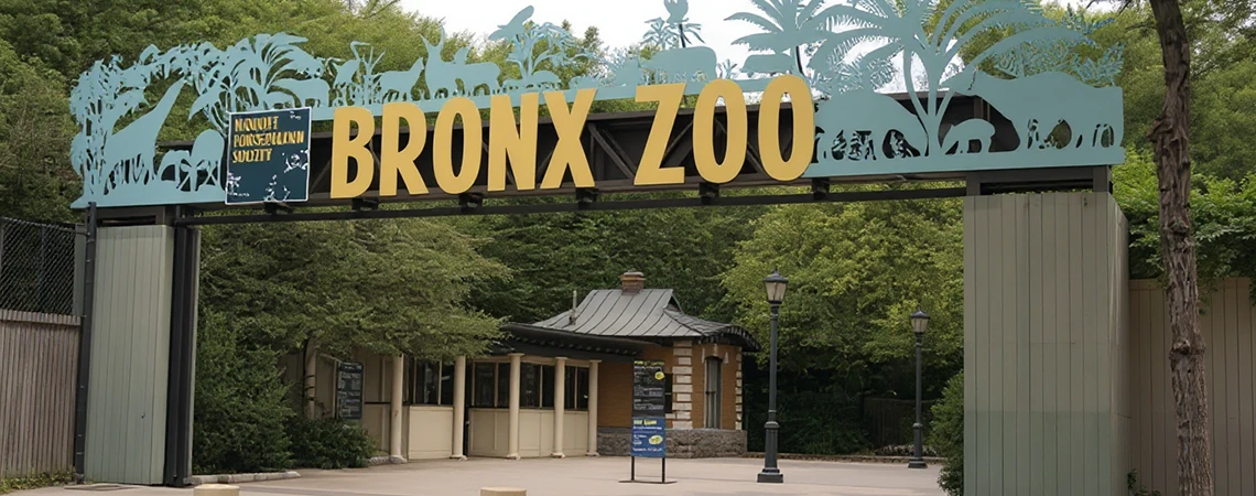 Bronx Zoo entrance with animal signs, a top family attraction on the route from New York to White Plains.
