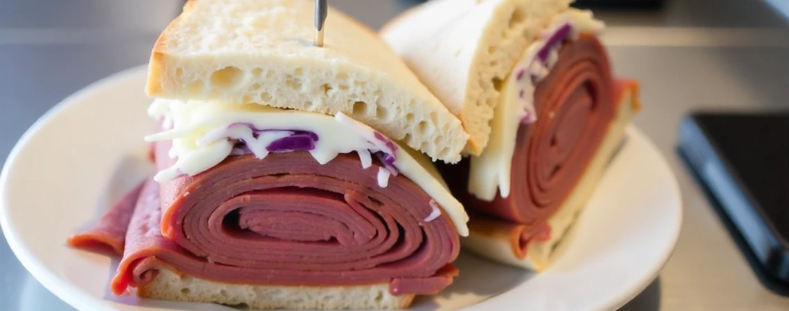 Delicious pre-flight meal featuring a pastrami sandwich with melted cheese at Rye Ridge Deli, showcasing classic American cuisine on the way from New York to Scarsdale.