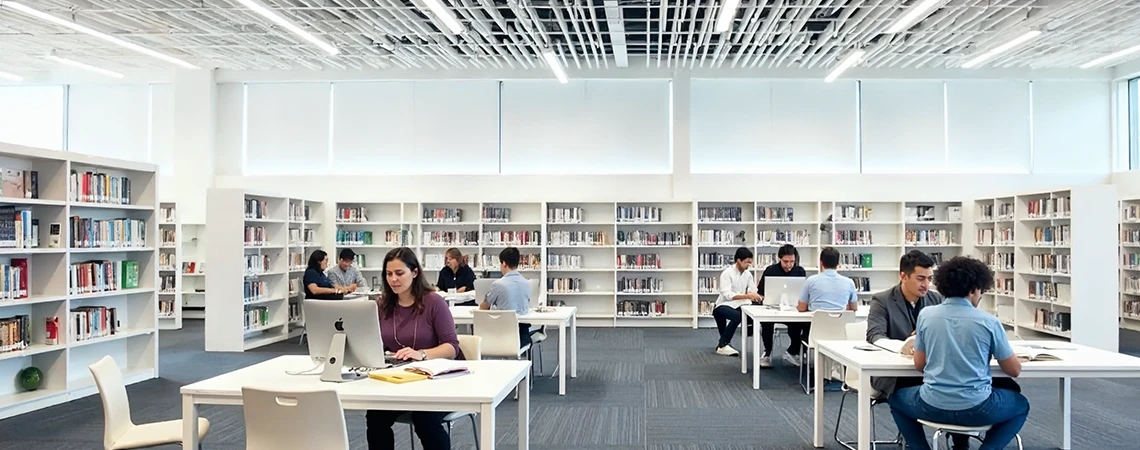 Interior view of Scarsdale Public Library with patrons studying at tables amid rows of bookshelves, suggesting a perfect spot to have a reading break while traveling from New York to Scarsdale.