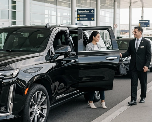 Luxury chauffeur in suit greeting female passenger with luggage at airport, opening door of black Cadillac Escalade SUV for premium New York to Scarsdale car service, emphasizing comfort and elegance.