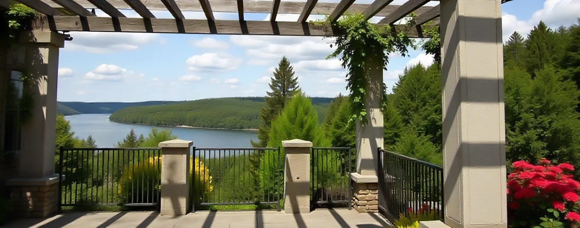Scenic Wave Hill Gardens pergola view overlooking a serene lake with lush greenery and vibrant flowers, offering a botanical retreat on the way from New York to Scarsdale.