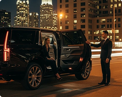 Our professional car service in Manhattan featuring a sleek black SUV with an open door, a chauffeur in a suit assisting a passenger, and a vibrant city skyline glowing at night.