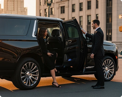 A chauffeur in a suit assists a passenger stepping out of a luxurious black SUV, showcasing car service Manhattan with a cityscape in the background during sunset.