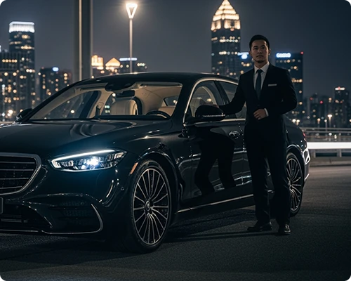 A chauffeur in a suit stands beside a luxurious black car, offering car service Manhattan against a backdrop of a glowing city skyline at night.