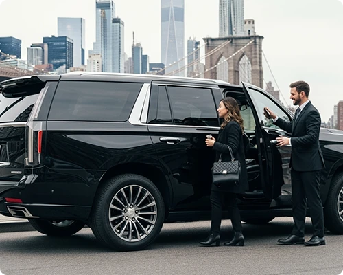 Professional car service in Brooklyn featuring a suited driver opening the door of a luxurious black SUV for a stylish woman holding her handbag and a coffee cup, with the Brooklyn Bridge and Manhattan skyline in the background.