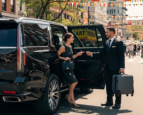 Premium Hoboken Car Service at the Italian Festival: A professional chauffeur in a suit assists an elegant woman in a black dress with her gray suitcase beside the open door of a luxurious black SUV limo, set against vibrant Hoboken, NJ streets lined with colorful Italian flags, food stalls, and lively crowds for seamless, punctual festival transportation.