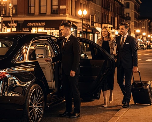 A nighttime scene of a suited Hoboken Car Service chauffeur assisting a client with luggage beside a luxury black sedan on a lit urban street.