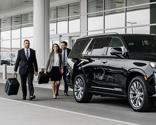 Business travelers with luggage, ready for their airport transfer from JFK, greeted by a professional chauffeur beside a luxury black SUV for a reliable JFK Airport transfer service.