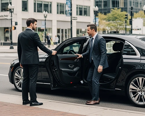 Professional chauffeurs provide luxury Newark car service, assisting clients into a sleek black sedan on a bustling city street, ensuring a premium travel experience.