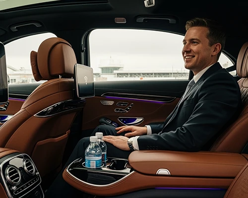 The executive is enjoying luxurious comfort during his airport transfer to JFK in the backseat of a premium sedan by NYC United Limo. A seamless JFK Airport transfer, with a chauffeur visible and amenities like bottled water provided.