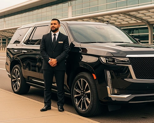 Professional chauffeur under JFK Airport Transfer, suited in black, standing beside a luxury black SUV, ready for seamless airport transfer from JFK.