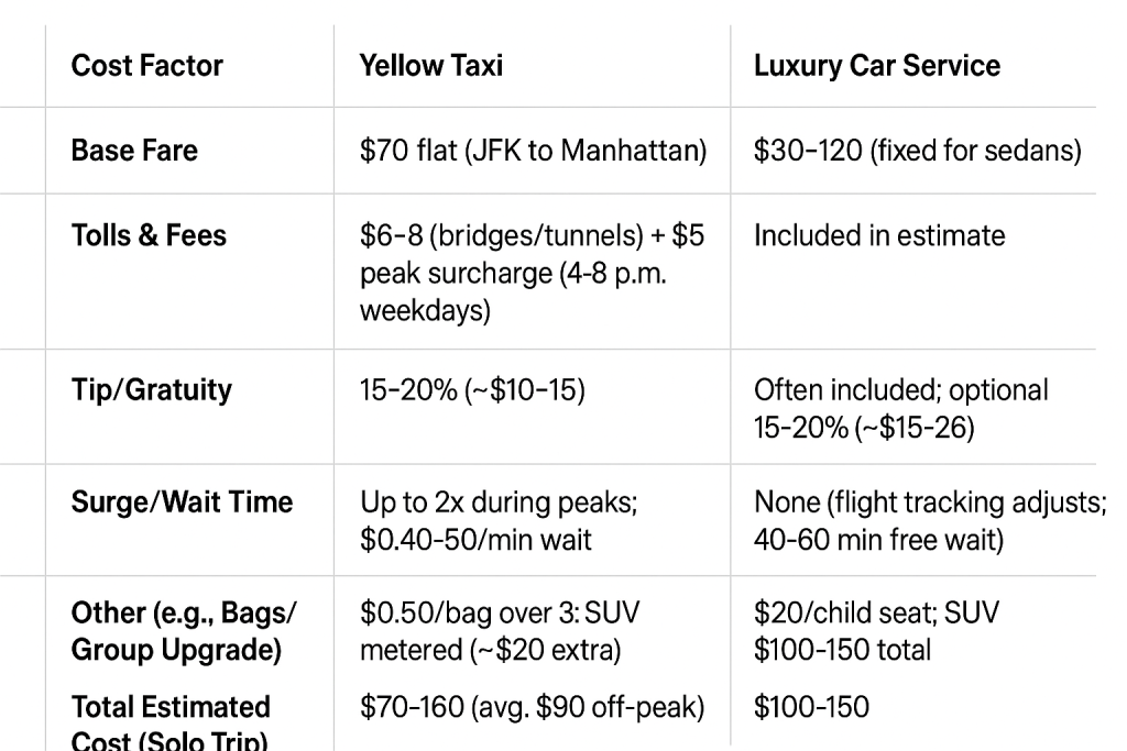 Costs of a Rideshare & Taxi from Manhattan to JFK
