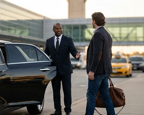 Professional chauffeur in a black suit warmly greeting and opening the door of a luxury black sedan for an arriving passenger with luggage at the airport terminal, demonstrating the punctual, reliable, and VIP airport transfer experience provided by Long Island Limo Service and limo service Long Island.
