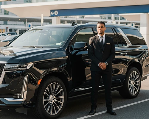 Black luxury SUV with professional chauffeur for LGA Airport Transfer from airport transfer LGA to Manhattan, ensuring seamless and comfortable transportation.