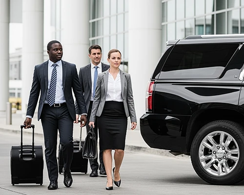 Business professionals arriving with luggage for LGA Airport Transfer via airport transfer LGA, heading to a luxury black SUV for efficient travel to Manhattan.