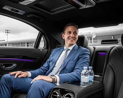 Executive relaxing in the luxurious interior of a sedan by LGA Airport Transfer for his airport transfer LGA to Manhattan, enjoying premium comfort and complimentary bottled water.