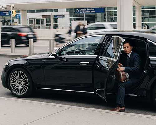 Professional executive stepping out of a luxury black sedan for LGA Airport Transfer via airport transfer LGA, arriving curbside at the terminal with premium door-to-door service.
