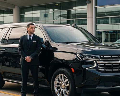 A professional chauffeur in a black suit standing with hands clasped in front of a luxury black SUV at an airport terminal.