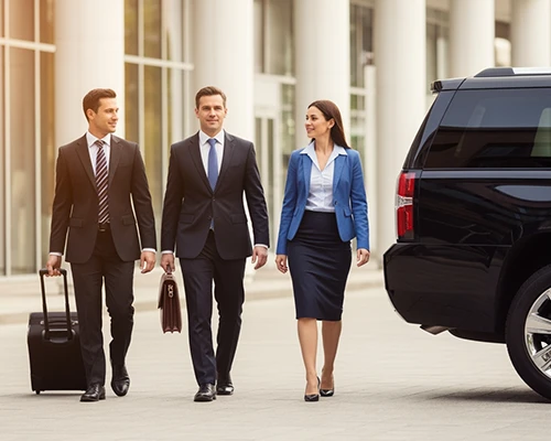 Business executives with luggage walking toward luxury black SUV for Newark Airport Transfer, completing their transfer from Newark Airport to Manhattan.
