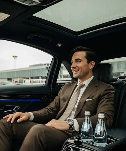 Executive businessman relaxing in luxury sedan with bottled water during Newark Airport Transfer, enjoying comfortable transfer from Newark Airport to Manhattan.