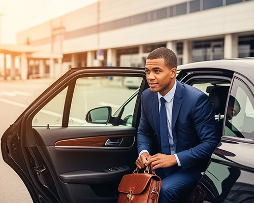 Executive traveler exiting premium black car at EWR terminal during Newark Airport Transfer, beginning smooth transfer from Newark Airport to Manhattan.