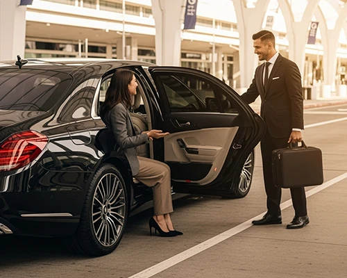 JFK Limo service: professional chauffeur assisting business traveler into luxury black sedan with limo service to JFK, featuring curbside pickup, luggage handling, and airport terminal drop-off.