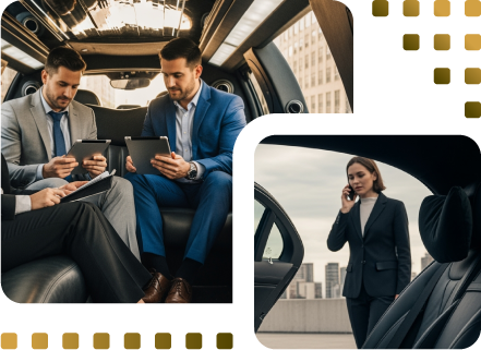Business professionals working productively on tablets inside a luxurious limousine with leather seating and ambient lighting, while another executive takes an important call upon arrival, illustrating the seamless comfort, privacy, and efficiency offered by Long Island Limo Service and limo service Long Island.