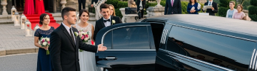 JFK Limo service for weddings: bride and groom stepping out of a luxury black stretch limousine with limo service to JFK bridal party option, celebrating arrival at NYC venue with 'Just Married' signage and champagne.