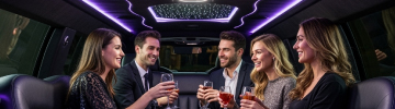 JFK Limo service for prom nights: teens in formal attire enjoying a luxury stretch limousine ride with limo service to JFK, featuring mood lighting, plush seating, and group celebration.