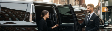 JFK Limo service for award ceremonies: VIP guest stepping out of luxury black SUV limousine with limo service to JFK, arriving in formal attire for prestigious red-carpet event.