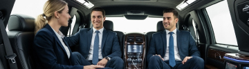 JFK Limo service for corporate limo services: executives in business attire working inside a luxury sedan with limo service to JFK, featuring Wi-Fi, privacy, and professional chauffeur.