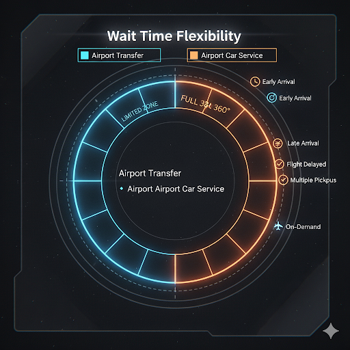 Airport Transfer vs. Airport Car Service: Wait Time Flexibility Radar Chart - Limited Zone for Airport Transfer vs Full 360° On-Demand with Car Service in NYC.