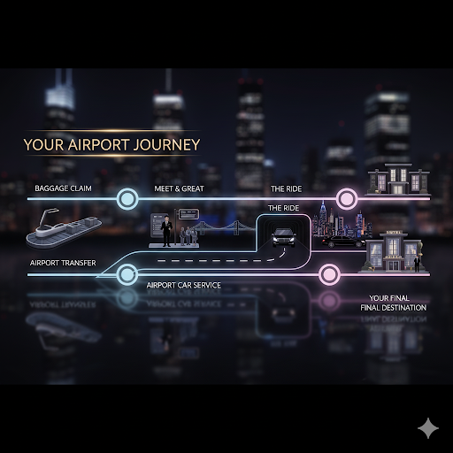 Airport Transfer vs Airport Car Service journey timeline with luxury airport transfer and private airport transfer paths.