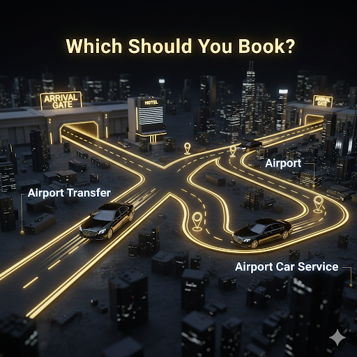 Airport Transfer vs. Airport Car Service decision flowchart: luxury airport transfer (direct) vs car service in NYC (flexible).