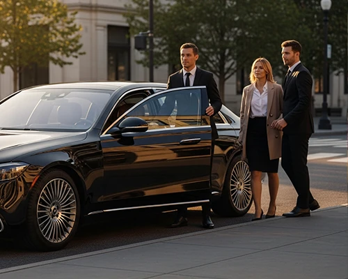 Car Service in White Plains showing their black luxury sedan with a chauffeur opening the door for two business-attired passengers.