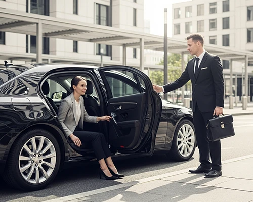 Professional chauffeur in a black suit assisting a businesswoman in a gray blazer as she exits a sleek black luxury sedan on an urban street, extending her hand while stepping out in high heels and holding an umbrella; the driver holds a black leather briefcase, highlighting premium car service in White Plains.